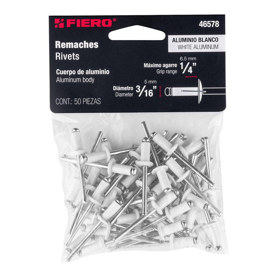 Bolsa c/50 remaches 3/16'x1/4' blancos de aluminio, ala 3/8' Caja con 10, 46578