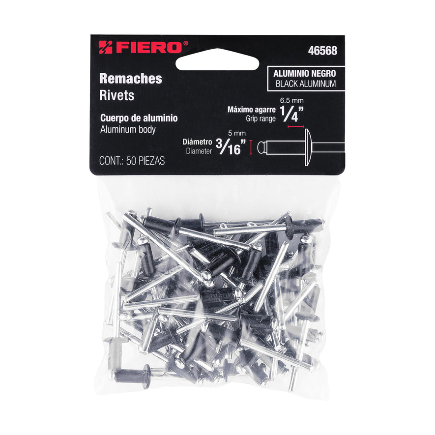 Bolsa c/50 remaches 3/16'x1/4' negros de aluminio, ala 3/8' Caja con 10, 46568