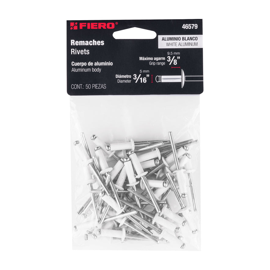 Bolsa c/50 remaches 3/16'x3/8' blancos de aluminio, ala 3/8' Caja con 10, 46579