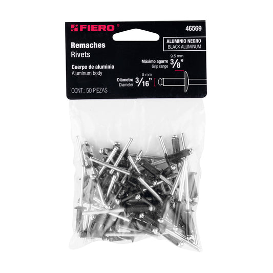 Bolsa c/50 remaches 3/16'x3/8' negros de aluminio, ala 3/8' Caja con 10, 46569