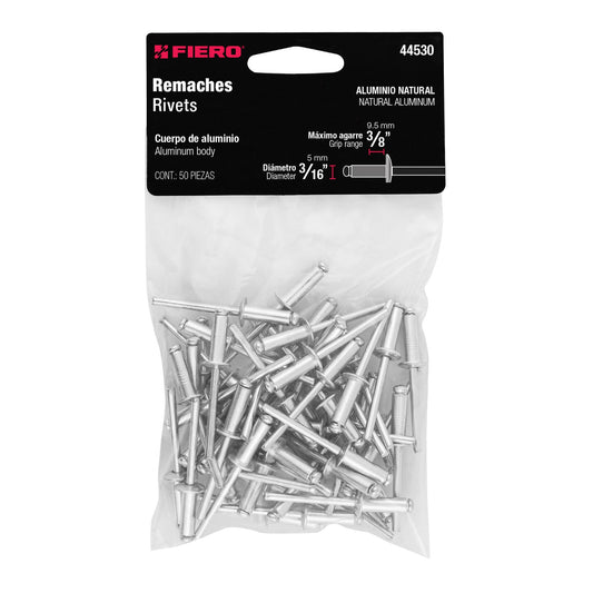 Bolsa con 50 remaches 3/16' x 3/8' de aluminio, ala 3/8' Caja con 10, 44530