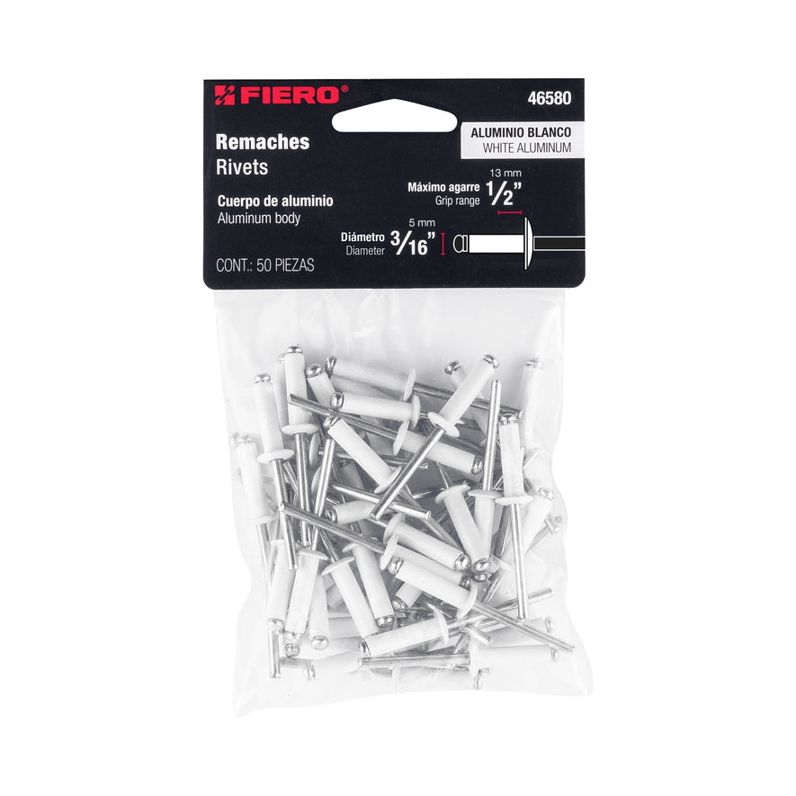 Bolsa c/50 remaches 3/16'x1/2' blancos de aluminio, ala 3/8' Caja con 10, 46580