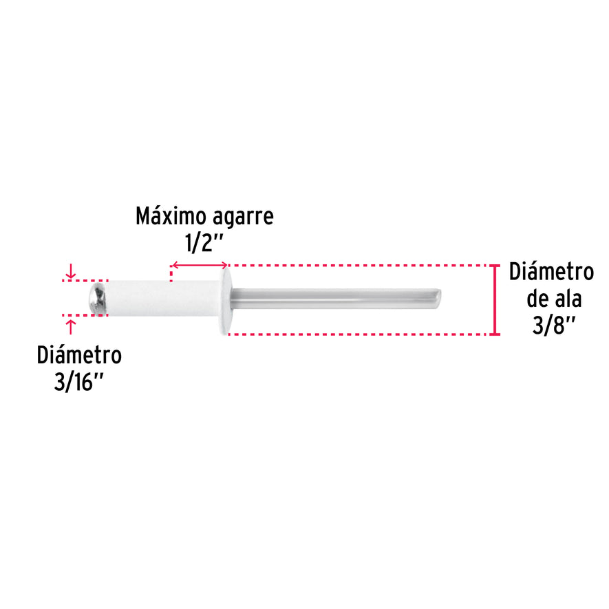 Bolsa c/50 remaches 3/16'x1/2' blancos de aluminio, ala 3/8' Caja con 10, 46580