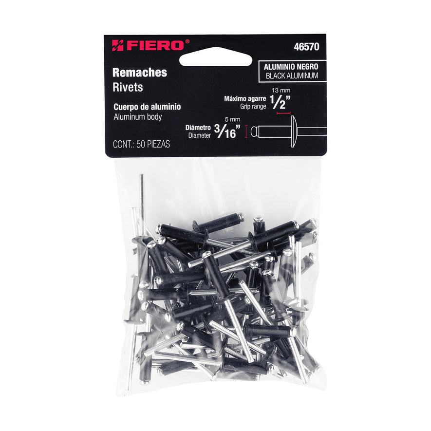 Bolsa c/50 remaches 3/16'x1/2' negros de aluminio, ala 3/8' Caja con 10, 46570