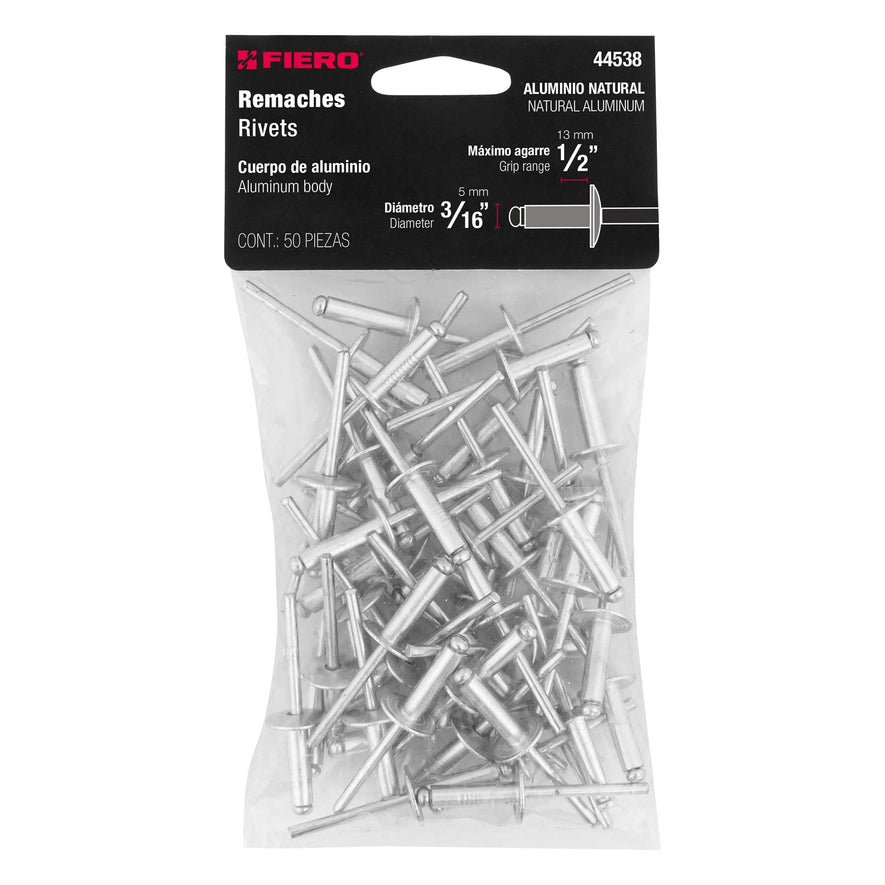 Bolsa con 50 remaches 3/16' x 1/2' de aluminio, ala 17/32' Caja con 7, 44538