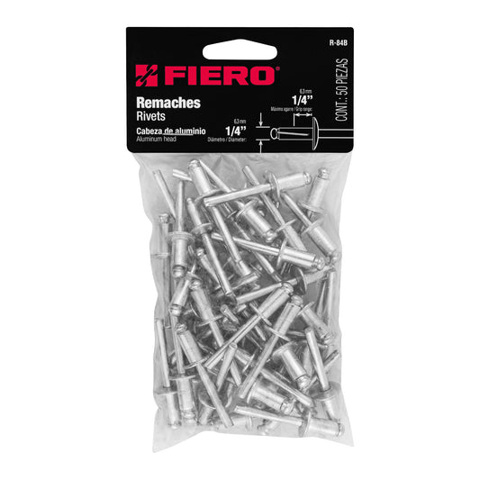 Bolsa con 50 remaches de 1/4' x 1/4' de aluminio, ala 1/2' Caja con 7, 44532