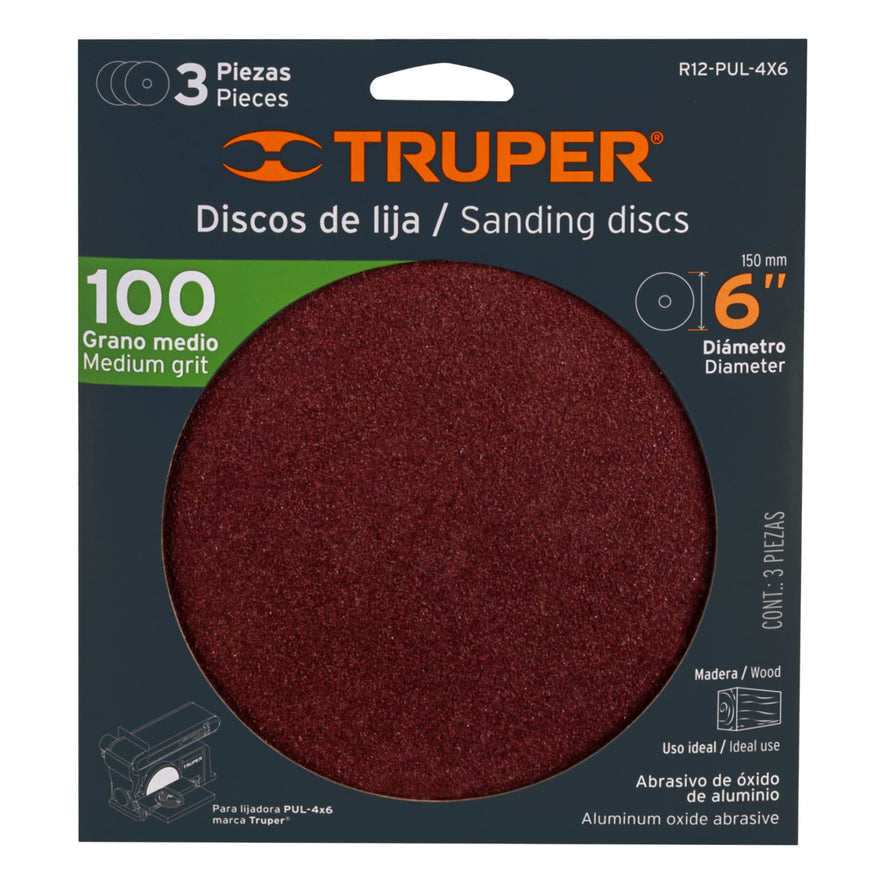 discos de lija 6' grano 100 para PUL 4x6, Truper Caja con 4, 16148