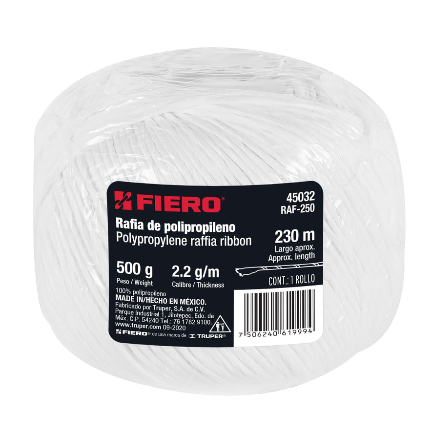Rollo de rafia de 230 m color blanco calibre 2.2 g/m, Fiero Caja con 6, 45032