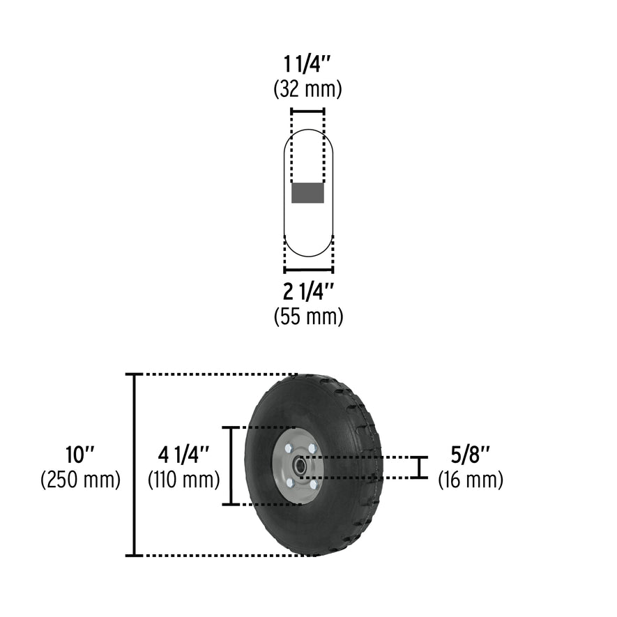 Rueda de hule sólido 10' para diablo, doble balero, Pretul Caja con 4, 45035