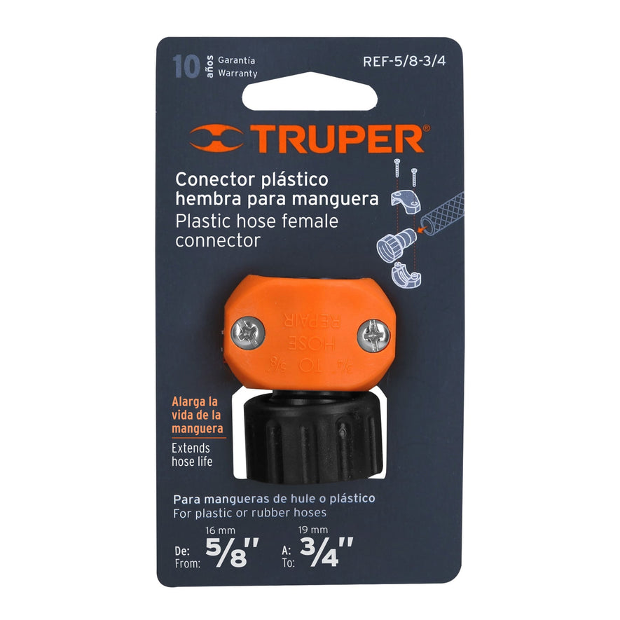 Conector 5/8'-3/4' hembra de ABS para manguera, Truper Caja con 12, 12718
