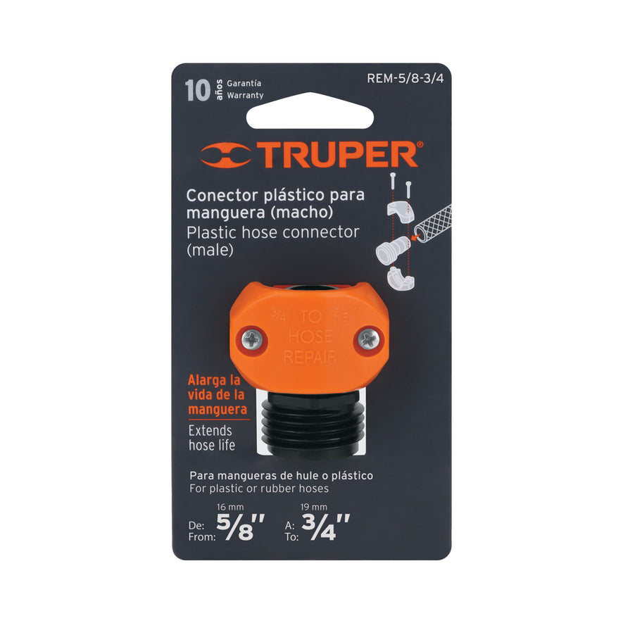 Conector 5/8'-3/4' macho de ABS para manguera, Truper Caja con 12, 12716