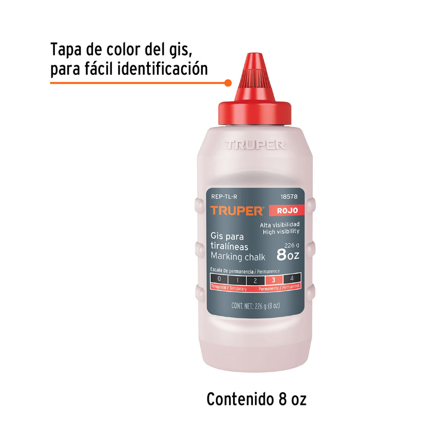 Gis rojo para tiralíneas, alta visibilidad, 8 oz, Truper Caja con 6, 18578