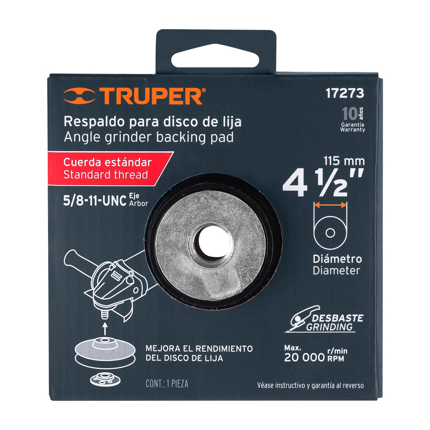 Respaldo para discos de lija 4-1/2', eje 5/8-11, Truper Caja con 6, 17273