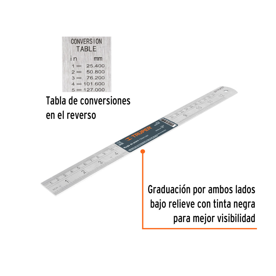 Regla 30 cm de acero inoxidable, Truper Caja con 12, 14387