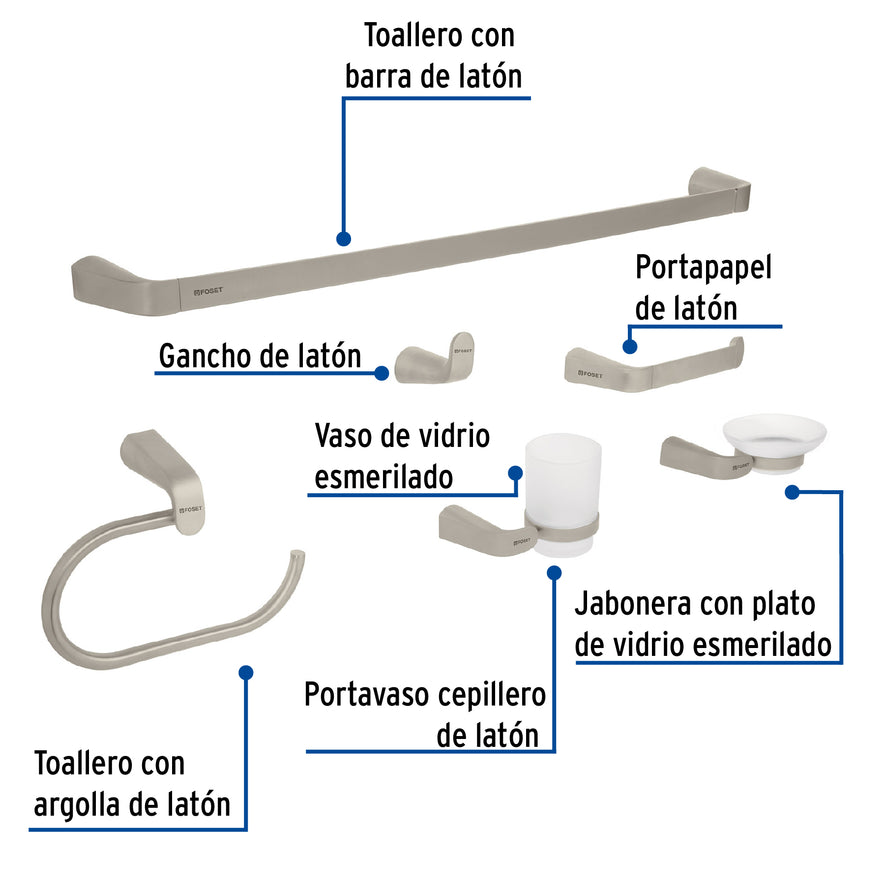 Juego de 6 accesorios para baño acabado satín, Riviera, 45226