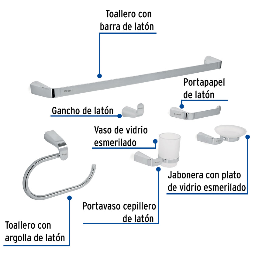 Juego de 6 accesorios para baño acabado cromo, Riviera, 45211