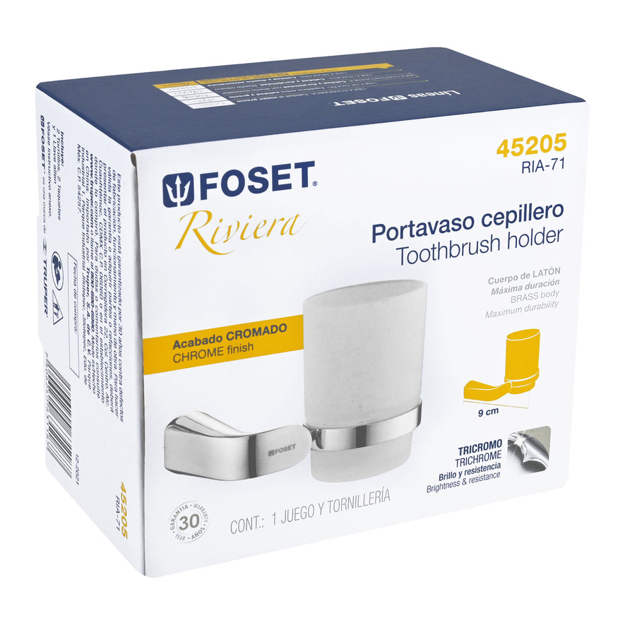 Portavaso cepillero cromo con vaso de vidrio, Foset Riviera, 45205