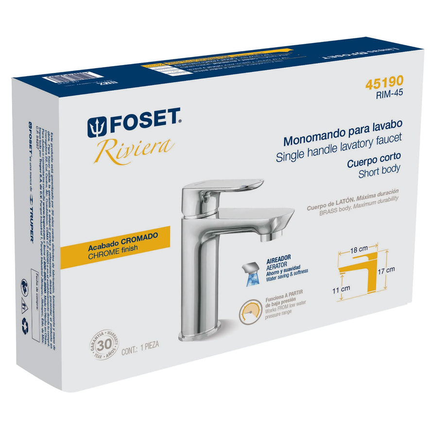 Monomando cromo cuello corto para lavabo, Foset Riviera, 45190