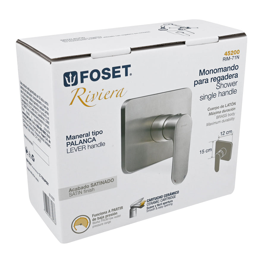 Monomando satín para regadera sin desviador, Foset, 45200