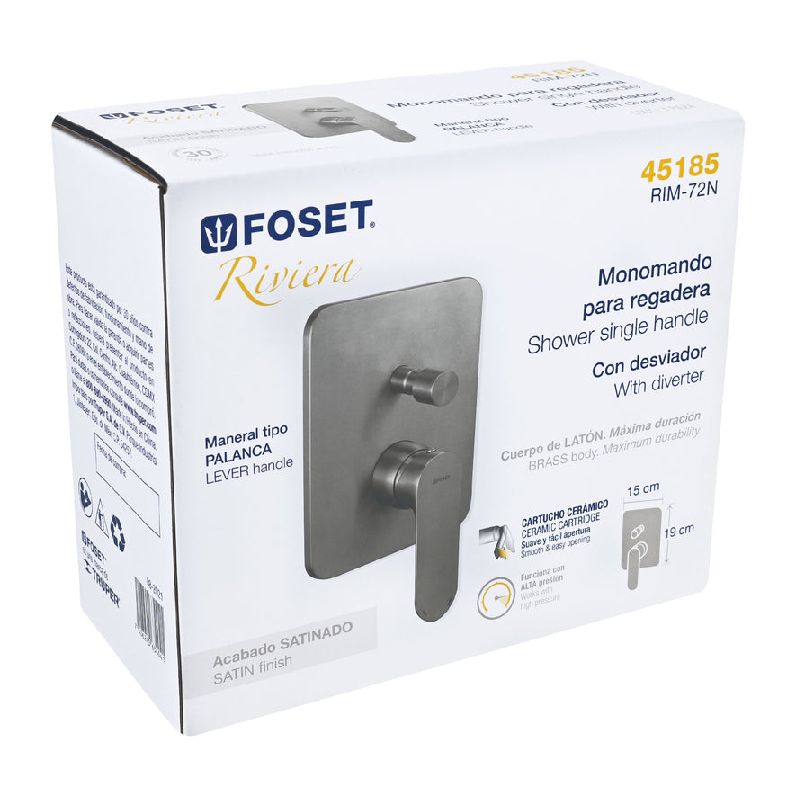 Monomando satín para regadera o tina con desviador, Foset, 45185