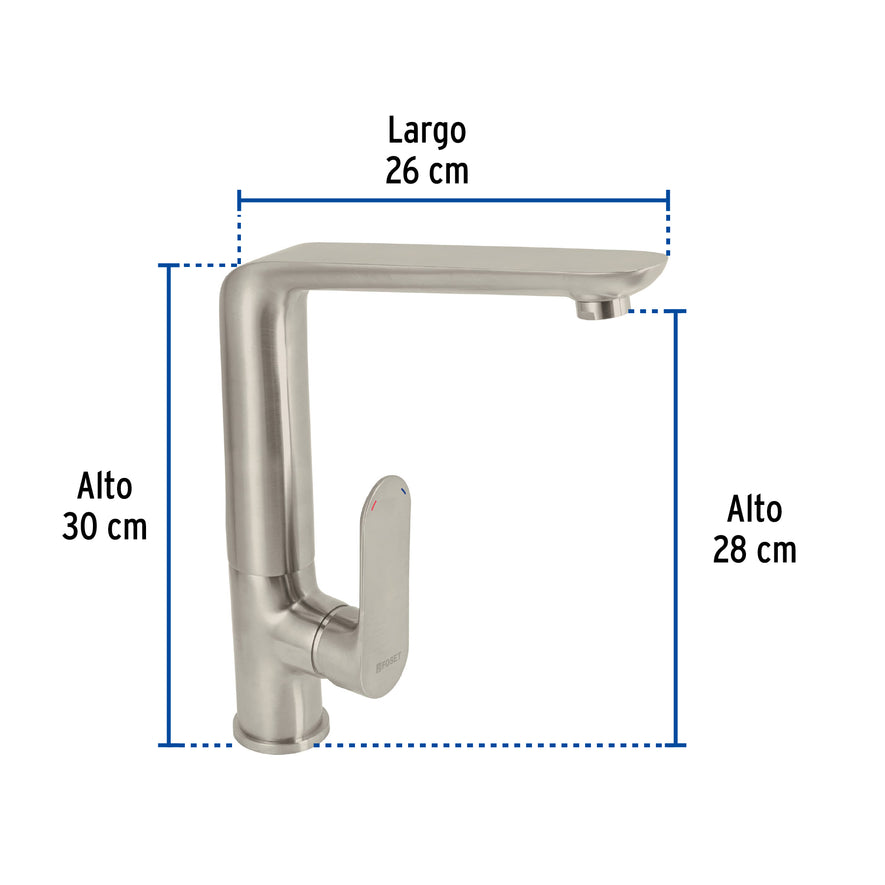 Monomando satín cuello alto para fregadero, Foset Riviera, 45182