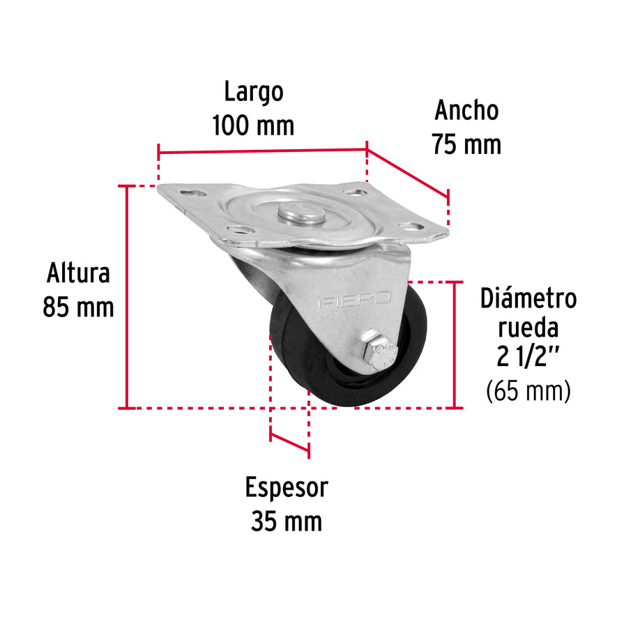 Rodaja hule 2-1/2', placa giratoria con buje, carga 60 kg Caja con 6, 48607