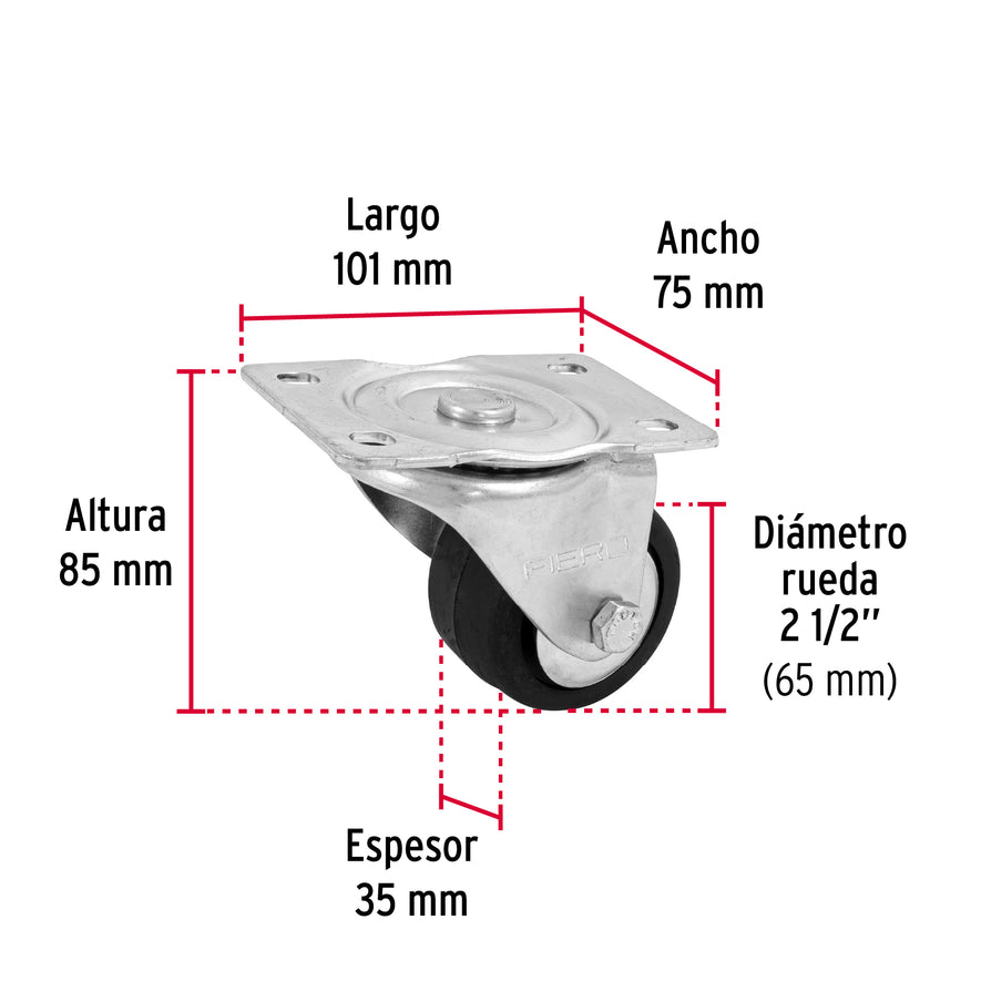 Rodaja hule 2-1/2', placa giratoria con balero, carga 80 kg Caja con 6, 48608