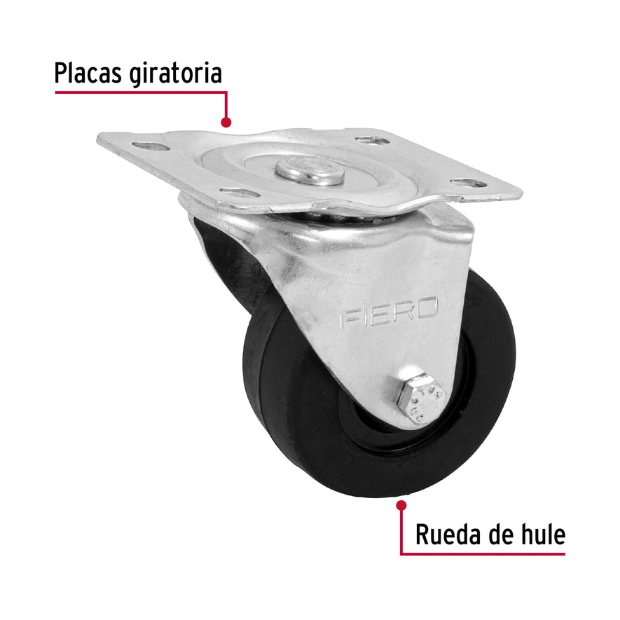 Rodaja hule 3', placa giratoria con buje, carga 90 kg, Fiero Caja con 4, 48610
