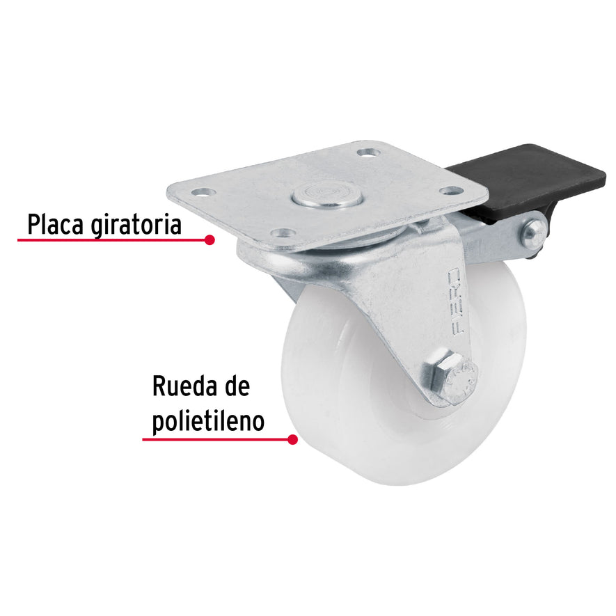 Rodaja de polietileno 2-1/2' placa giratoria, con freno Caja con 4, 48634