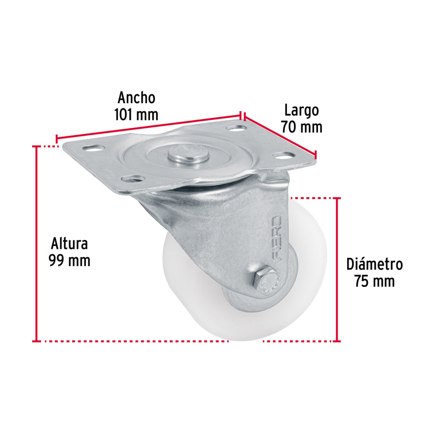 Rodaja de polietileno 3' placa giratoria, con balero, Fiero Caja con 4, 48629