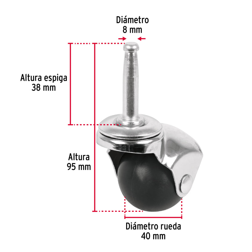 Rodaja esférica, 40 mm con espiga tipo socket, Fiero Caja con 6, 49694