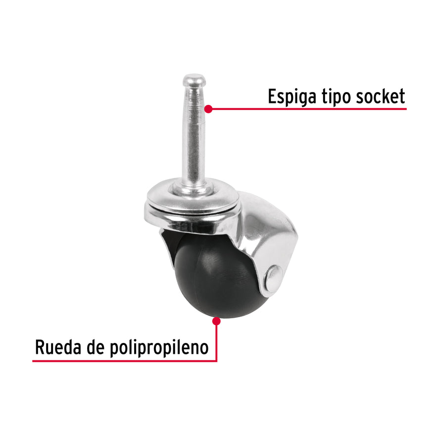 Rodaja esférica, 40 mm con espiga tipo socket, Fiero Caja con 6, 49694