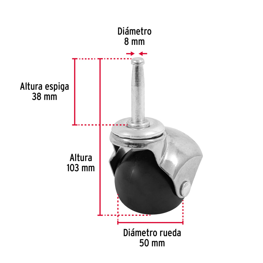 Rodaja esférica, 50 mm con espiga tipo socket, Fiero Caja con 6, 49695