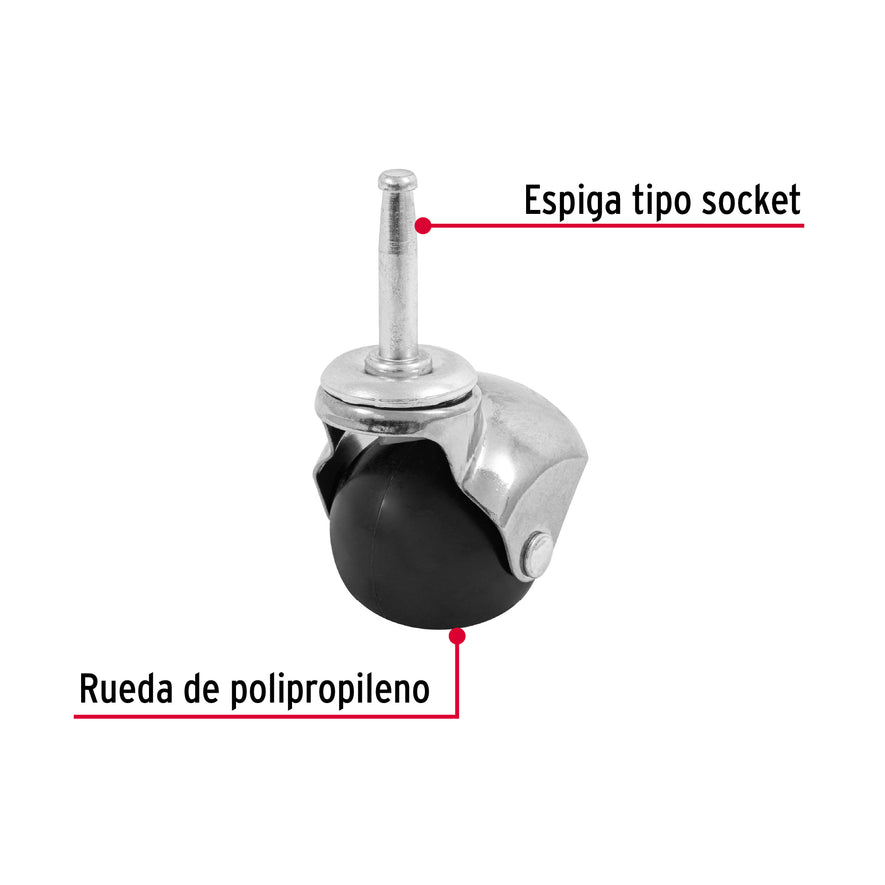 Rodaja esférica, 50 mm con espiga tipo socket, Fiero Caja con 6, 49695