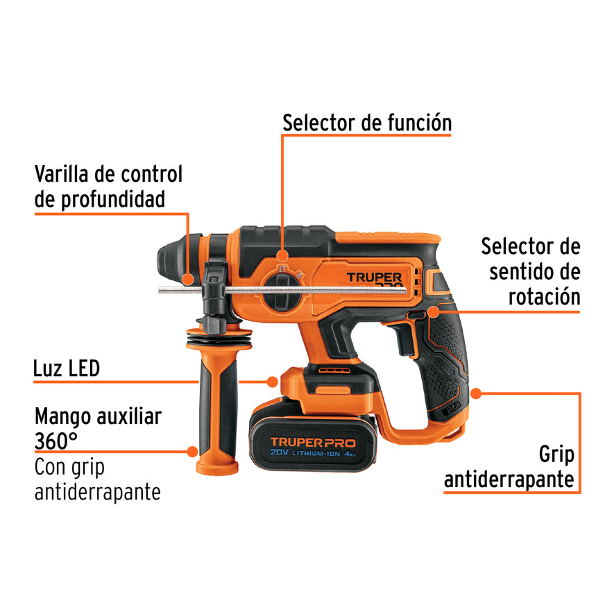 Rotomartillo SDS Plus 20V, 2 J, 1 batería 4Ah, PRO, 103263