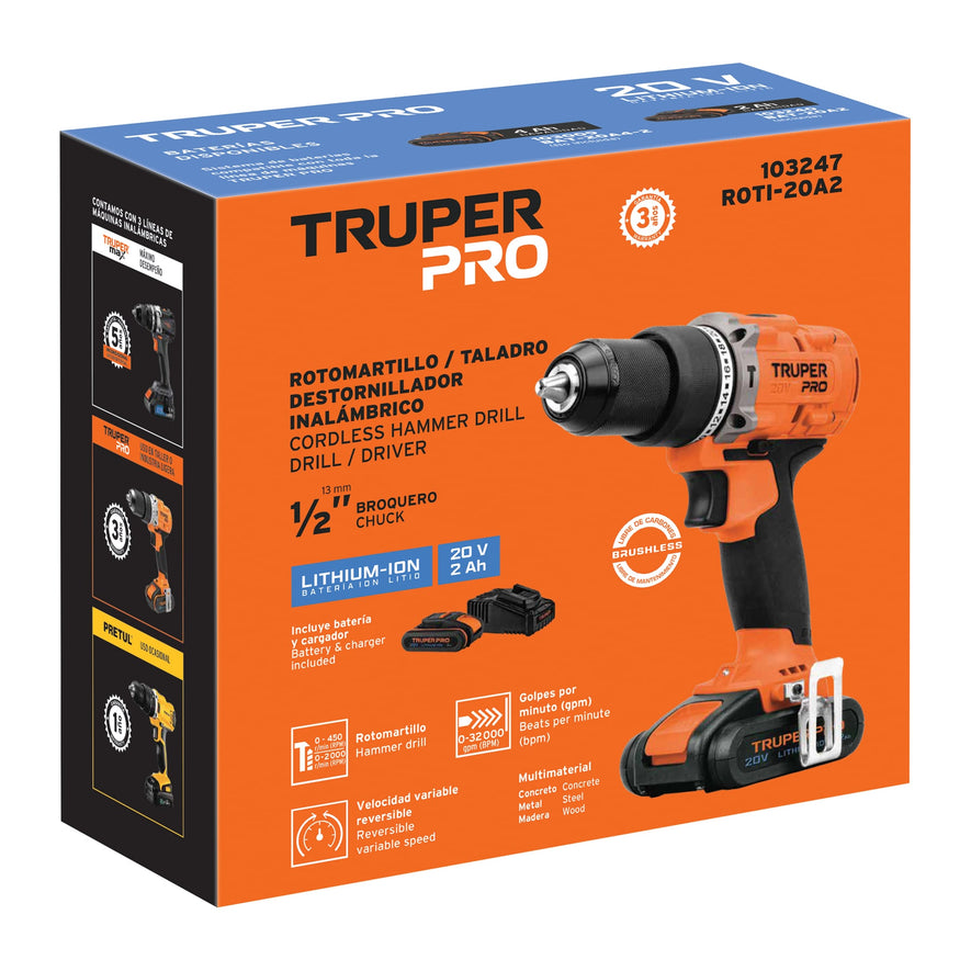 Rotomartillo 1/2', 20V, 1 batería 2Ah, PRO, 103247