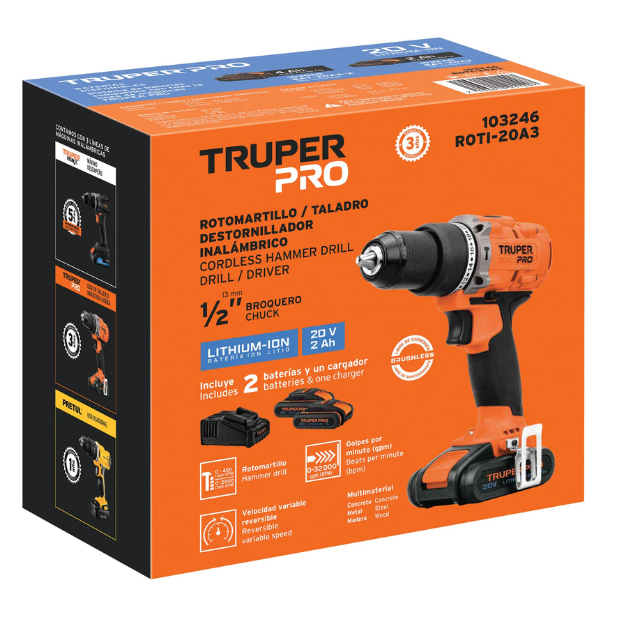 Rotomartillo 1/2', 20V, 2 baterías 2Ah, PRO, 103246