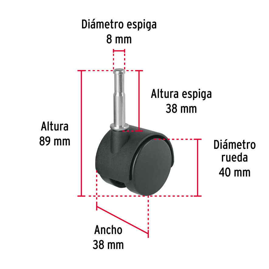 Rodaja tipo yoyo de 40 mm con espiga para madera, Fiero Caja con 6, 49698
