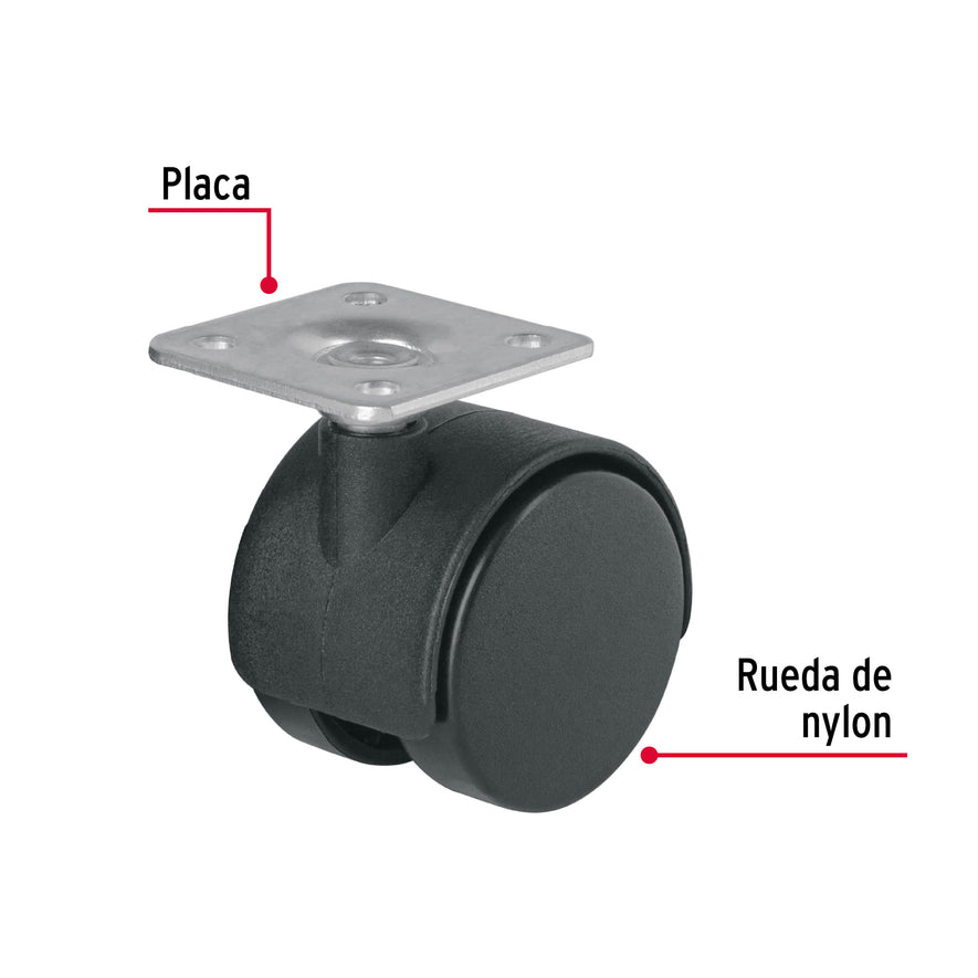 Rodaja tipo yoyo de 40 mm con placa, sin freno, Fiero Caja con 6, 44384