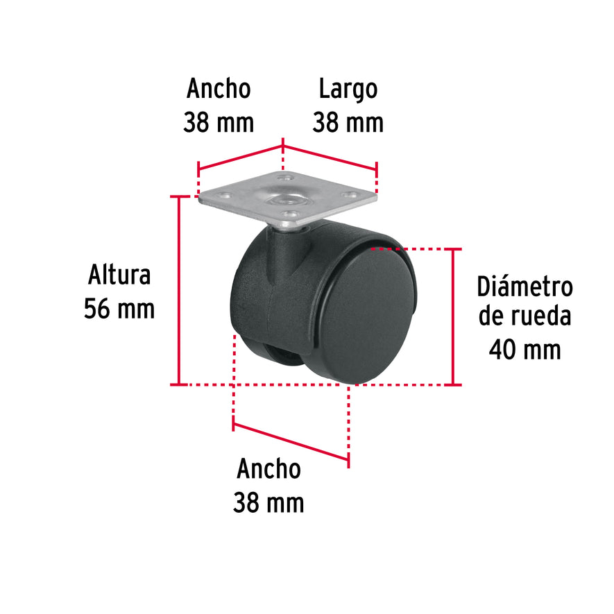 Rodaja tipo yoyo de 40 mm con placa, sin freno, Fiero Caja con 6, 44384