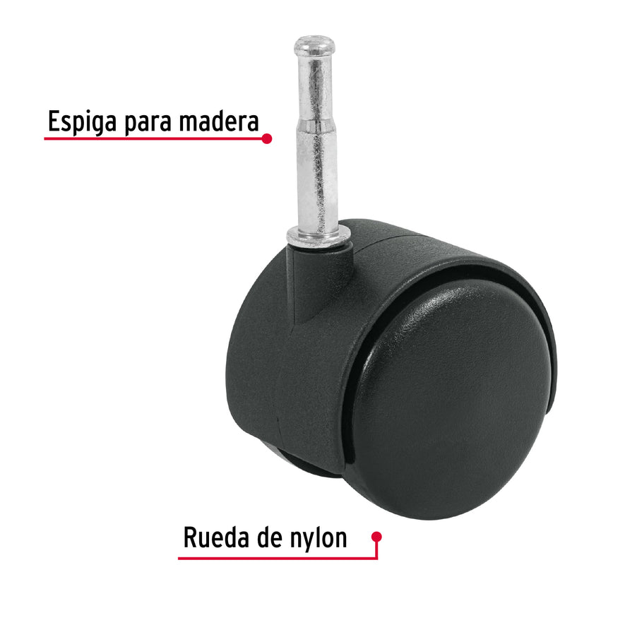 Rodaja tipo yoyo de 50 mm con espiga para madera, Fiero Caja con 6, 49699