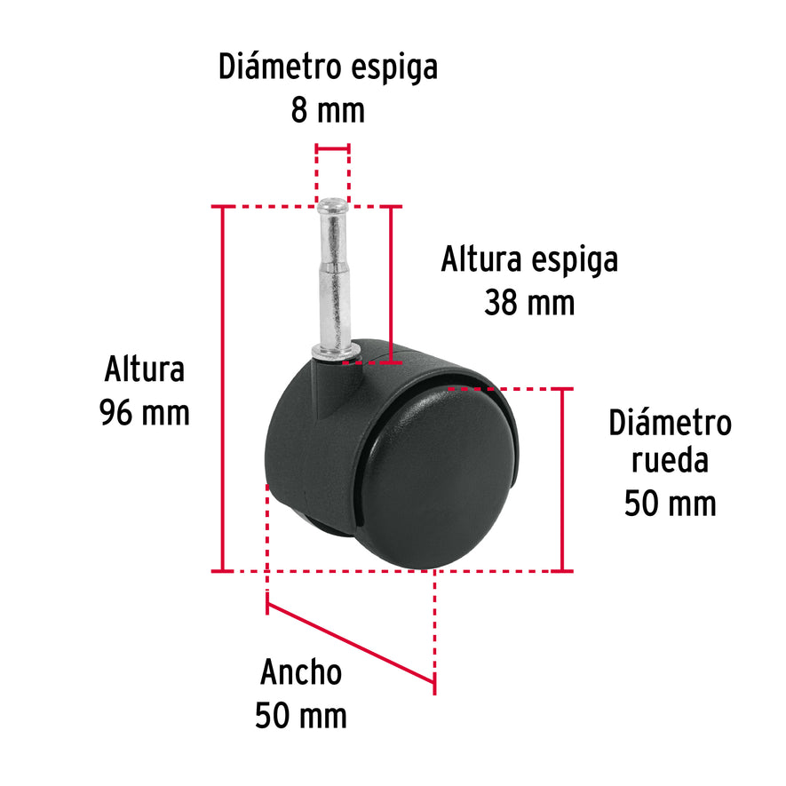 Rodaja tipo yoyo de 50 mm con espiga para madera, Fiero Caja con 6, 49699