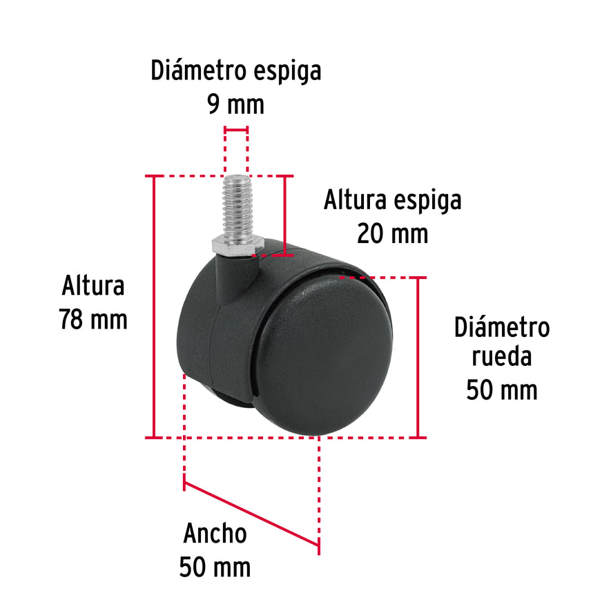 Rodaja tipo yoyo de 50 mm con espiga roscada, Fiero Caja con 6, 49697