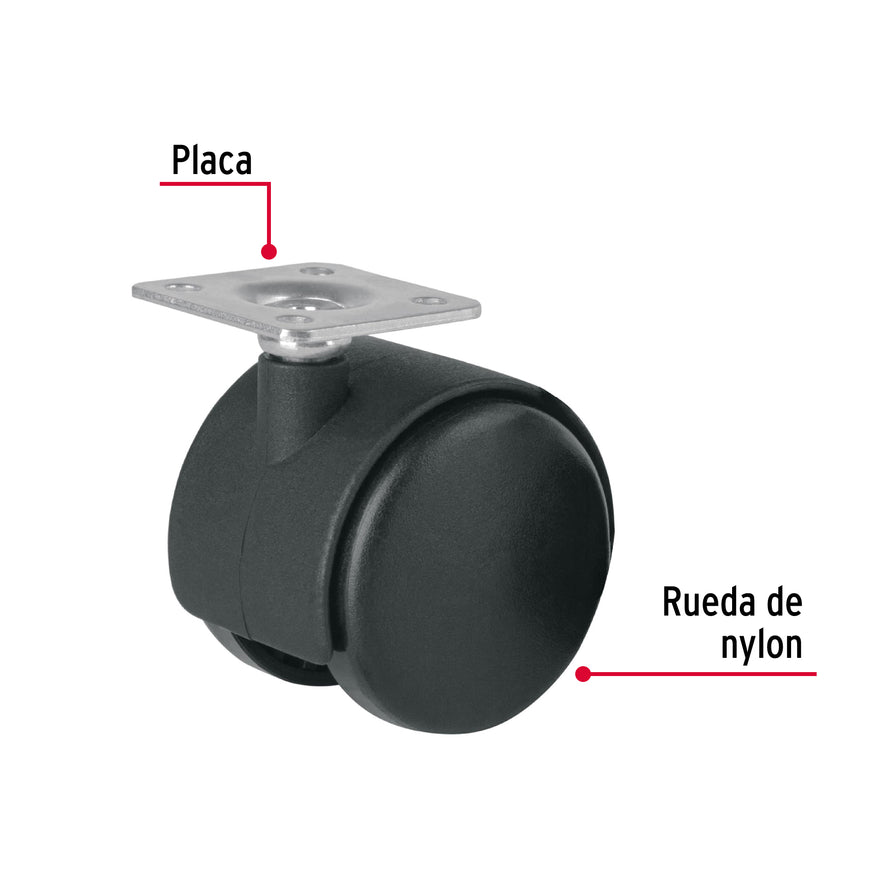 Rodaja tipo yoyo de 50 mm con placa, sin freno, Fiero Caja con 6, 44385
