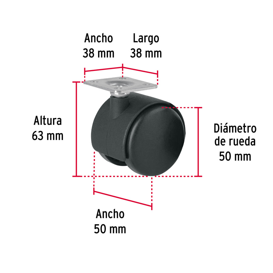 Rodaja tipo yoyo de 50 mm con placa, sin freno, Fiero Caja con 6, 44385