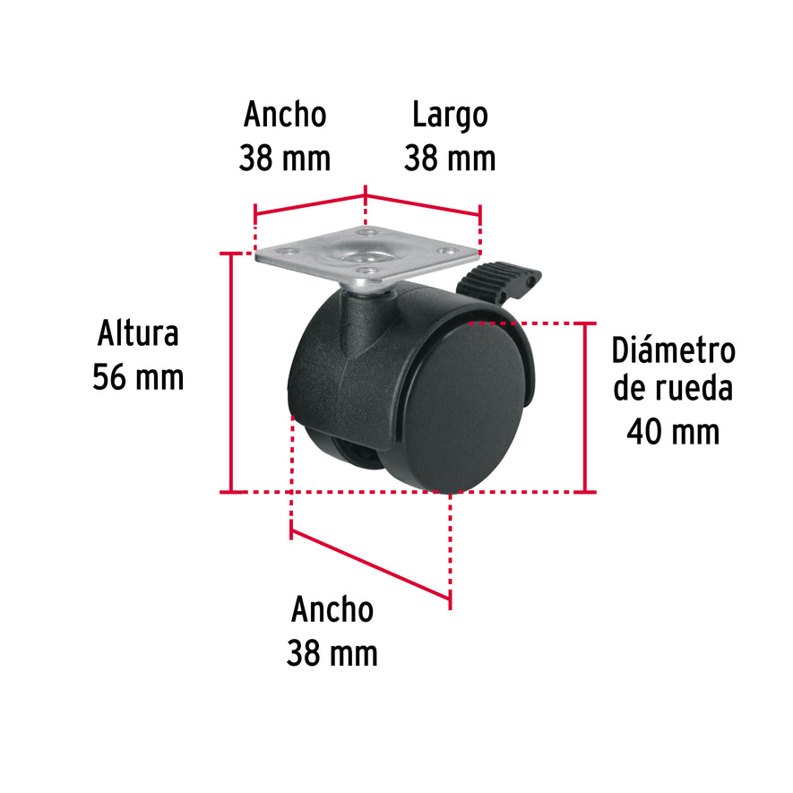 Rodaja tipo yoyo de 40 mm con placa, con freno, Fiero Caja con 6, 44388