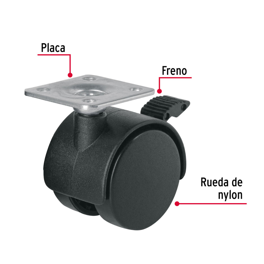 Rodaja tipo yoyo de 40 mm con placa, con freno, Fiero Caja con 6, 44388