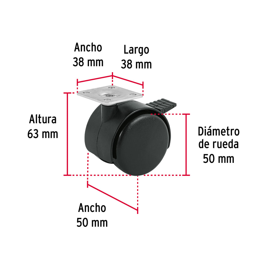 Rodaja tipo yoyo de 50 mm con placa, con freno, Fiero Caja con 6, 44389