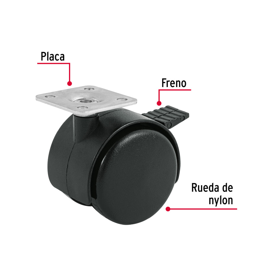 Rodaja tipo yoyo de 50 mm con placa, con freno, Fiero Caja con 6, 44389