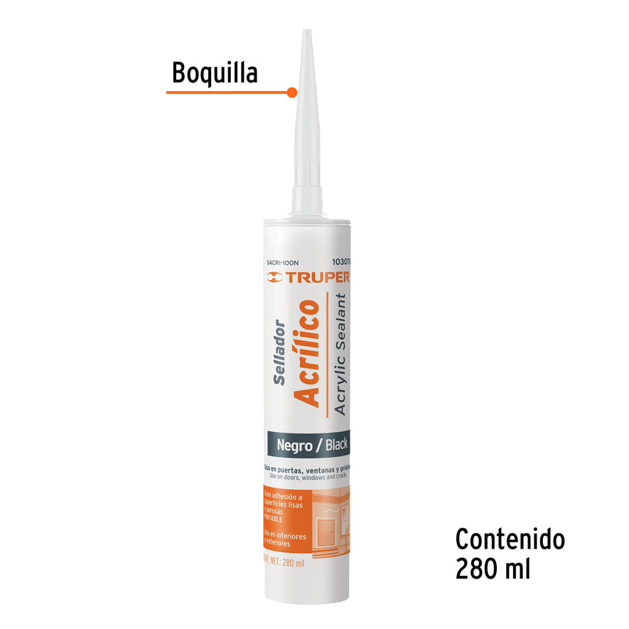 Sellador acrílico de 280 ml, negro, Truper Caja con 6, 103076